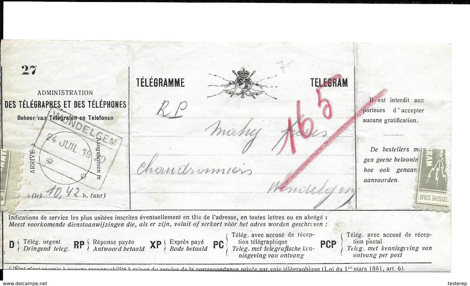 Telegram  Spoorwegstempel  WONDELGEM   24 JUIL 1920   (volledig Doc.) - Telegrams