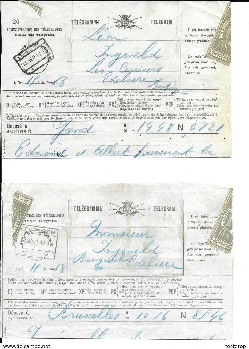 2 Telegram  LEUPEGEM  Spoorwegst. 16 AOUT 1914  !!  + 13  Sep 191 ?  (volledig Doc.) - Telegrams