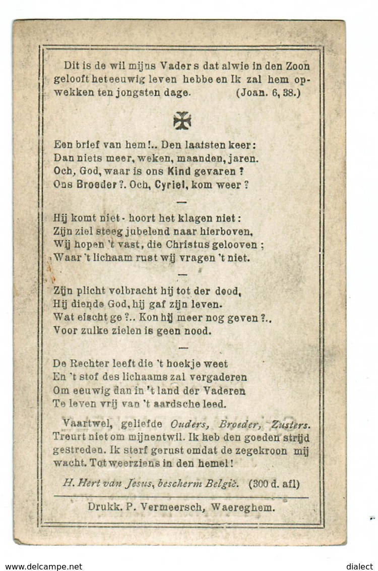 Lot 005 Oorlogsslachtoffer Van Braekele Cyriel Meulebeke 30 Oktober 1892 Gesneuveld Voor Het Vaderland - Devotieprenten