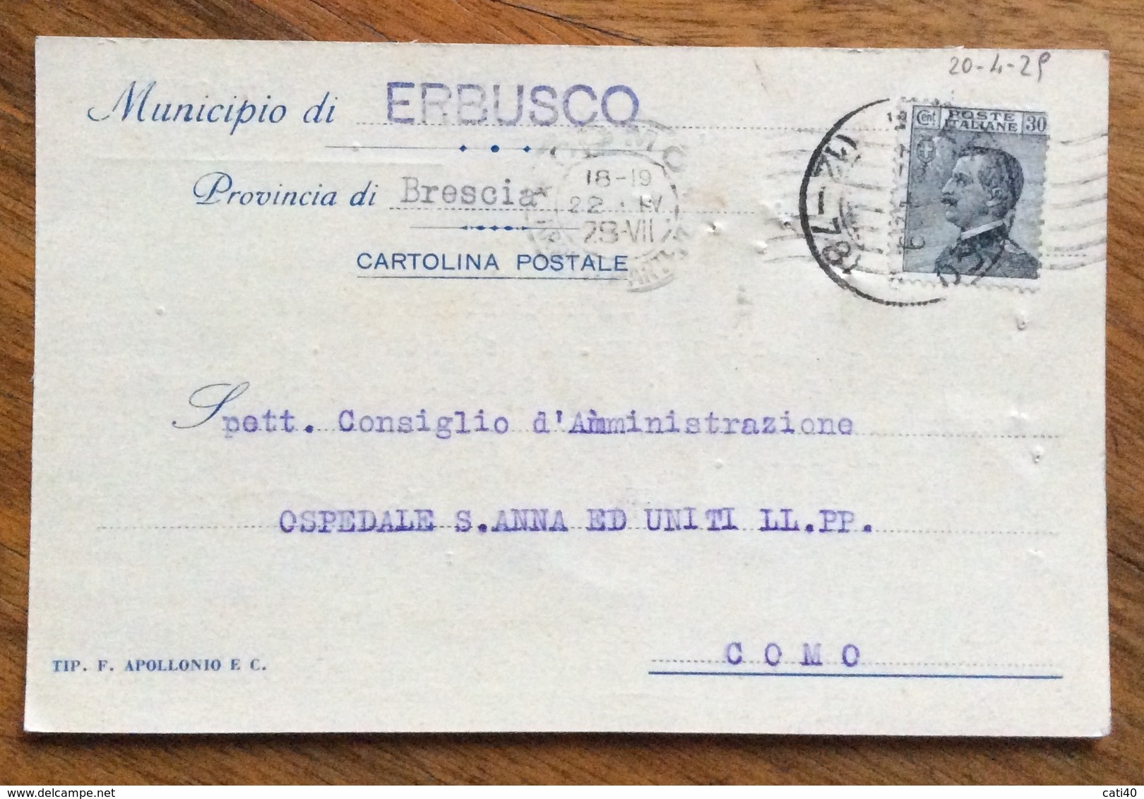 MUNICIPIO DI ERBUSCO CARTOLINA POSTALE CON TIMBRO E FIRMA AUTOGRAFA DEL PODESTA' PERCOMO IN DATA 20/4/29 - Storia Postale