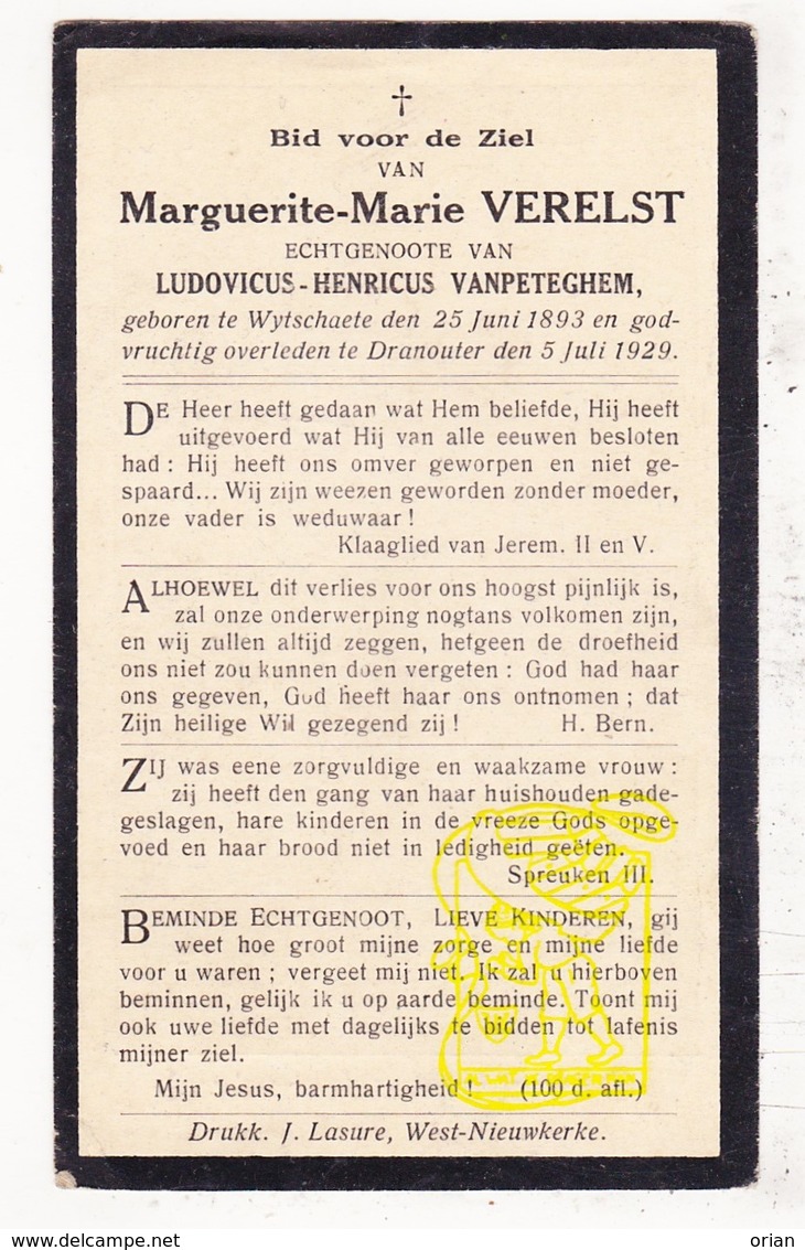 DP Margueritte M.Verelst ° Wijtschate 1893 † Dranouter 1929 X Ludovicus H. VanPeteghem / Heuvelland - Images Religieuses