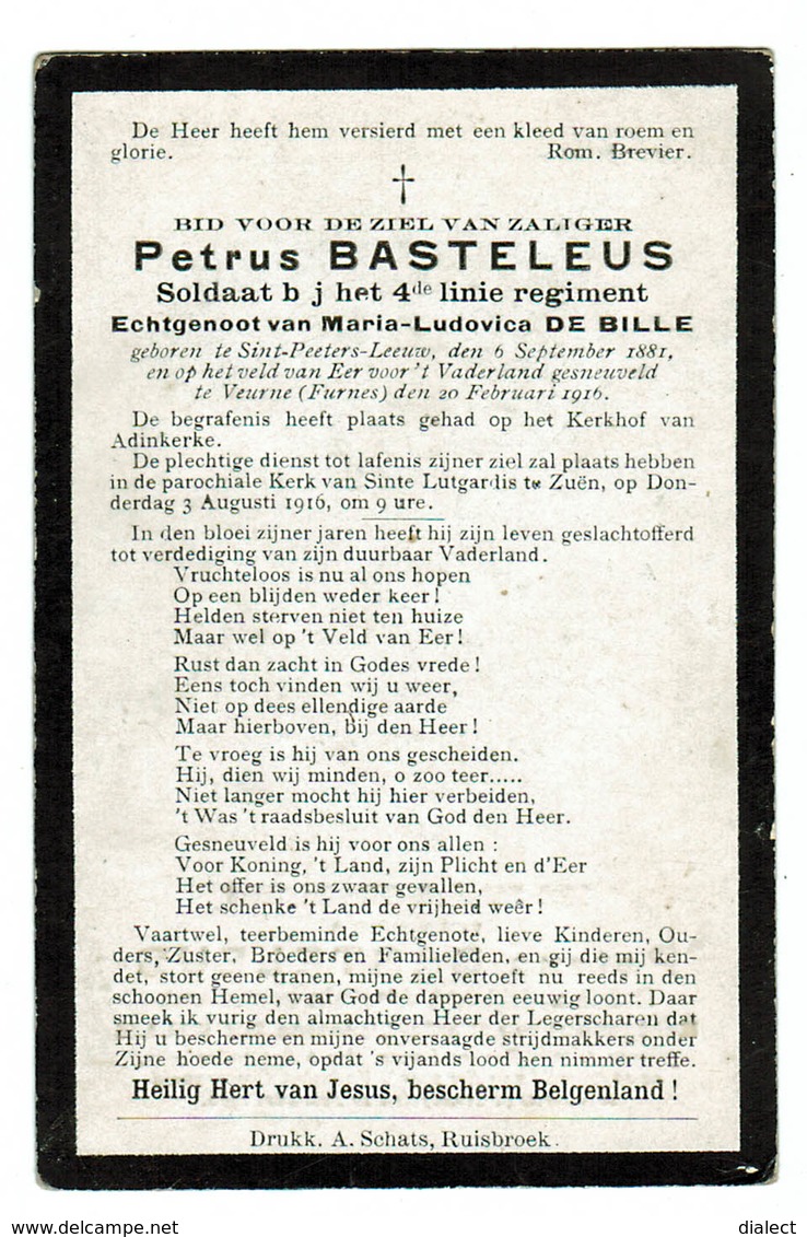 Lot 008 Oorlogsslachtoffer Basteleus Petrus Soldaat 4de Linie Sint-Pieters-Leeuw 1881 Gesneuveld Veurne 20 Feb 1916 - Devotieprenten