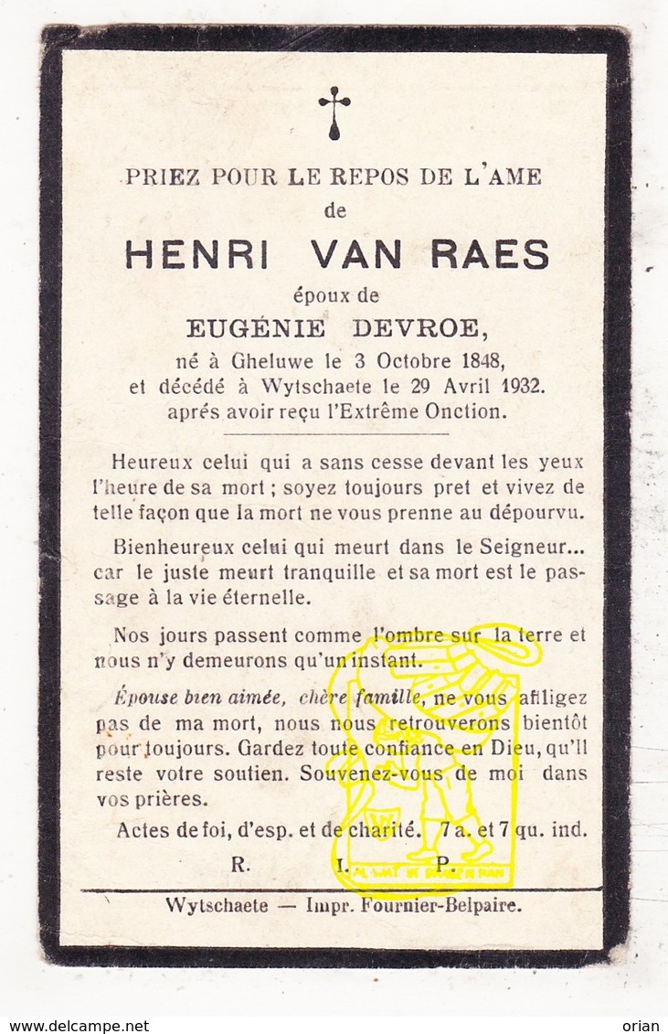 DP Henri Van Raes ° Geluwe Wervik 1848 † Wijtschate Heuvelland 1932 X Eug. DeVroe - Images Religieuses