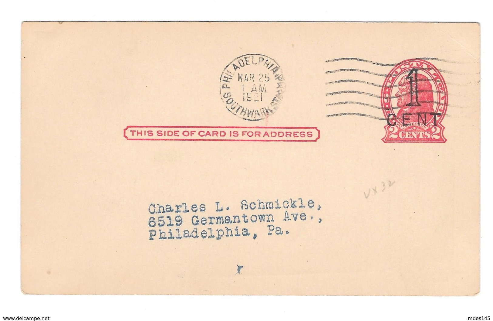 USA Scott UX32 Phila Surcharge Illustrated Ad Old Reserve Health Tonic 1921 Postal Card - Postal History