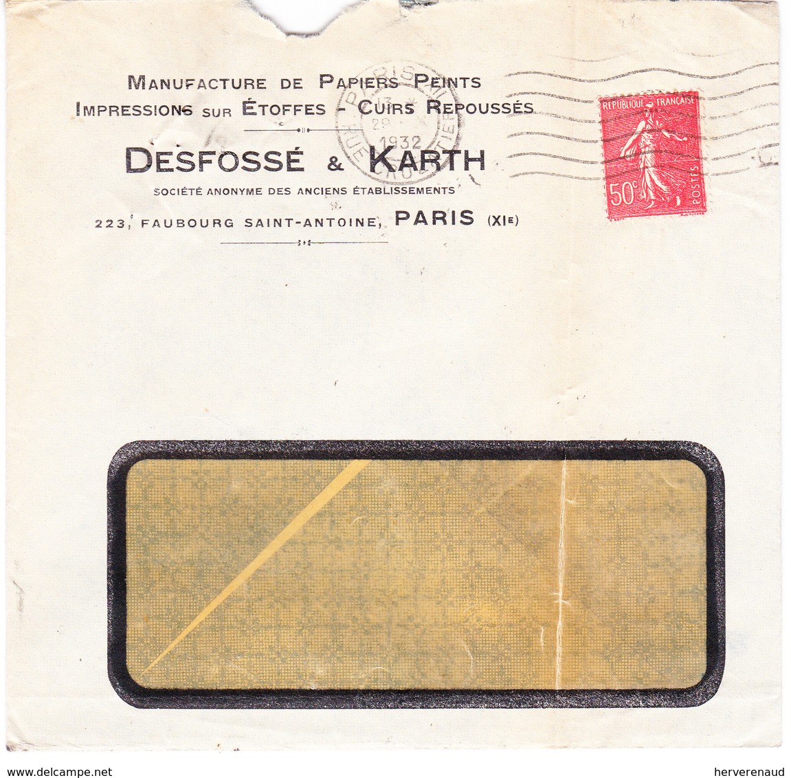 Semeuse 199 Sur Lettre Ets Desfossé & Karth De Paris à Chalon-sur-Saône (1932) - 1903-60 Säerin, Untergrund Schraffiert