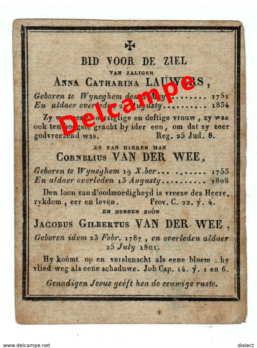 Lot 029 Lauwers Anna 1751-1834 Van Der Wee Cornelis  1753- 1808 En  Van Der Wee Jacobus 1787-1801 Geb Wijnegem - Devotieprenten