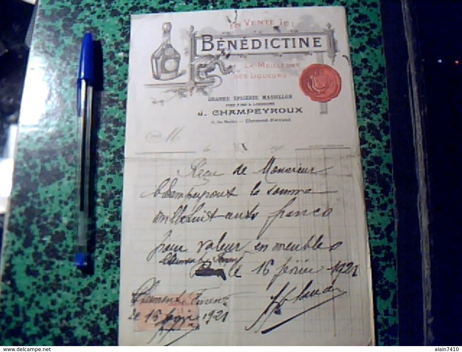 Facture Facturette D'epicerie Massillon J Champeyroux A Clermont Ferrand  Pub Benedictine  Annee 1921 Fiscal De 1 Franc - Alimentaire