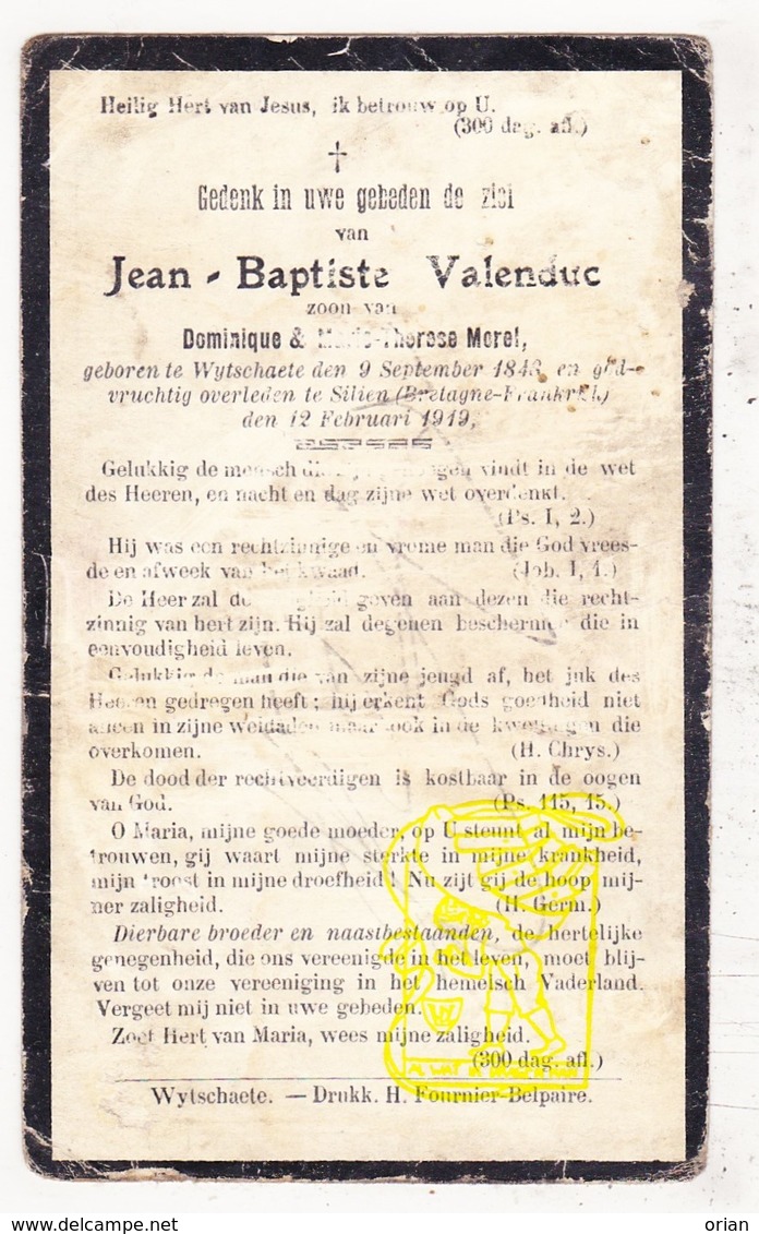 DP Im. Pieuse - Jean Bapt. Valenduc / Morel ° Wijtschate Heuvelland BEL1848 † Silien ? Bretagne FRA 1919 - Images Religieuses