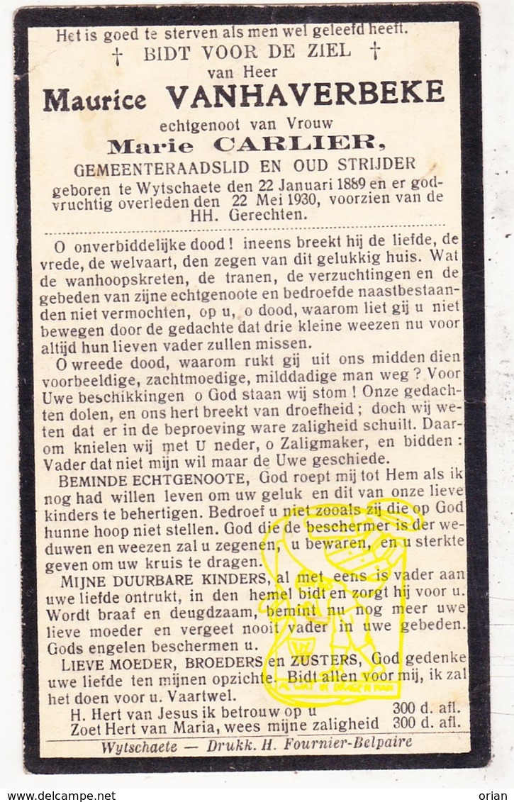 DP Gemeenteraadslid Maurice VanHaverbeke 41j. ° Wijtschate Heuvelland 1889 † 1930 X Marie Carlier - Devotieprenten