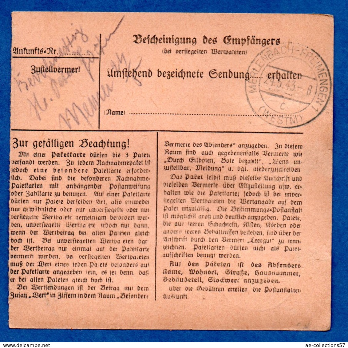 Colis Postal  -  Départ Lautenbach --  24/5/1943 - Lettres & Documents