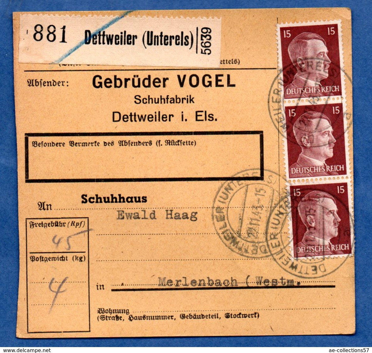 Colis Postal  -  Départ Dettweiler  -21/11/1943 - Lettres & Documents