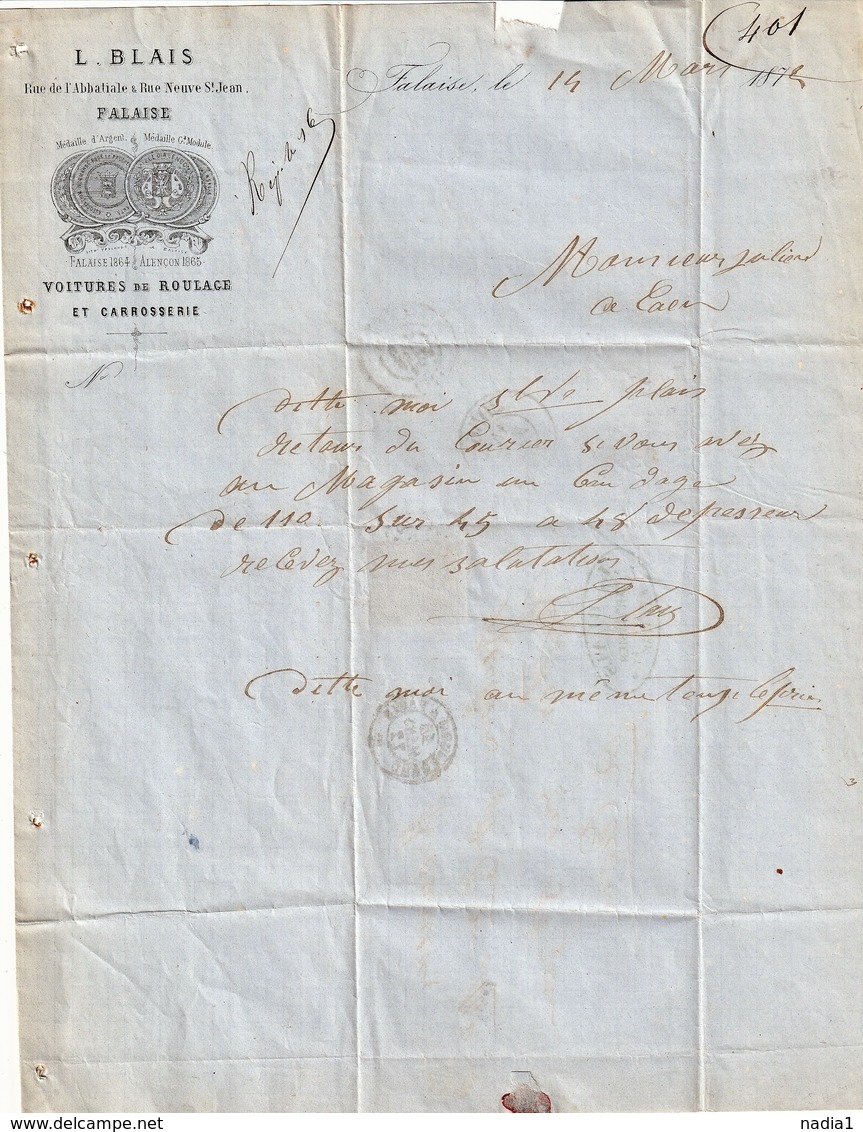 14 FALAISE MARS 1872 CACHET TIMBRE L BLAIS VOITURE DE ROULAGE - 1800 – 1899