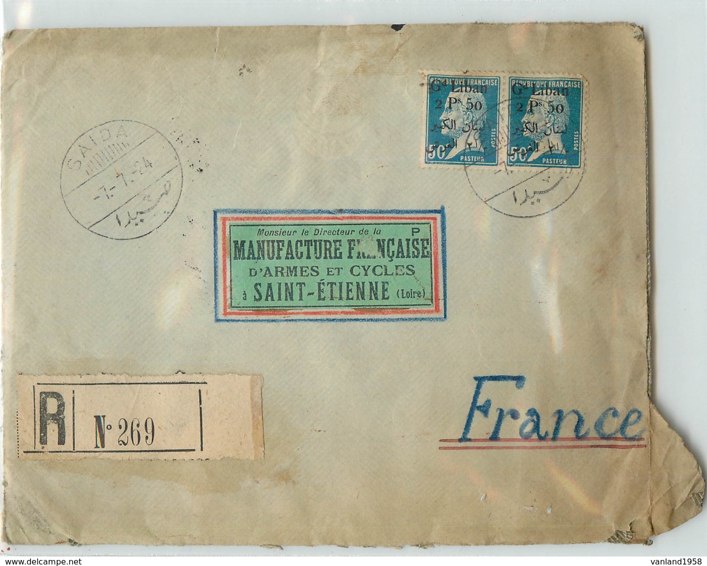 Lettre Recommandée Du GRAND-LIBAN -  Voyagée De Saida à St Etienne En 1924 - Liban