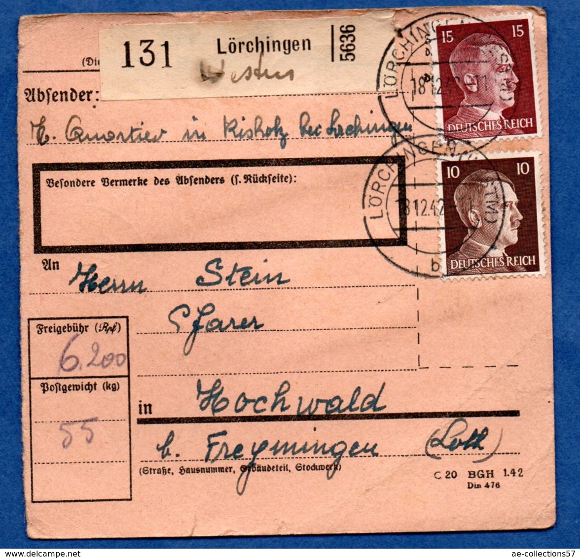 Colis Postal  -  Départ Lörchingen  --18/12/1942 - Lettres & Documents