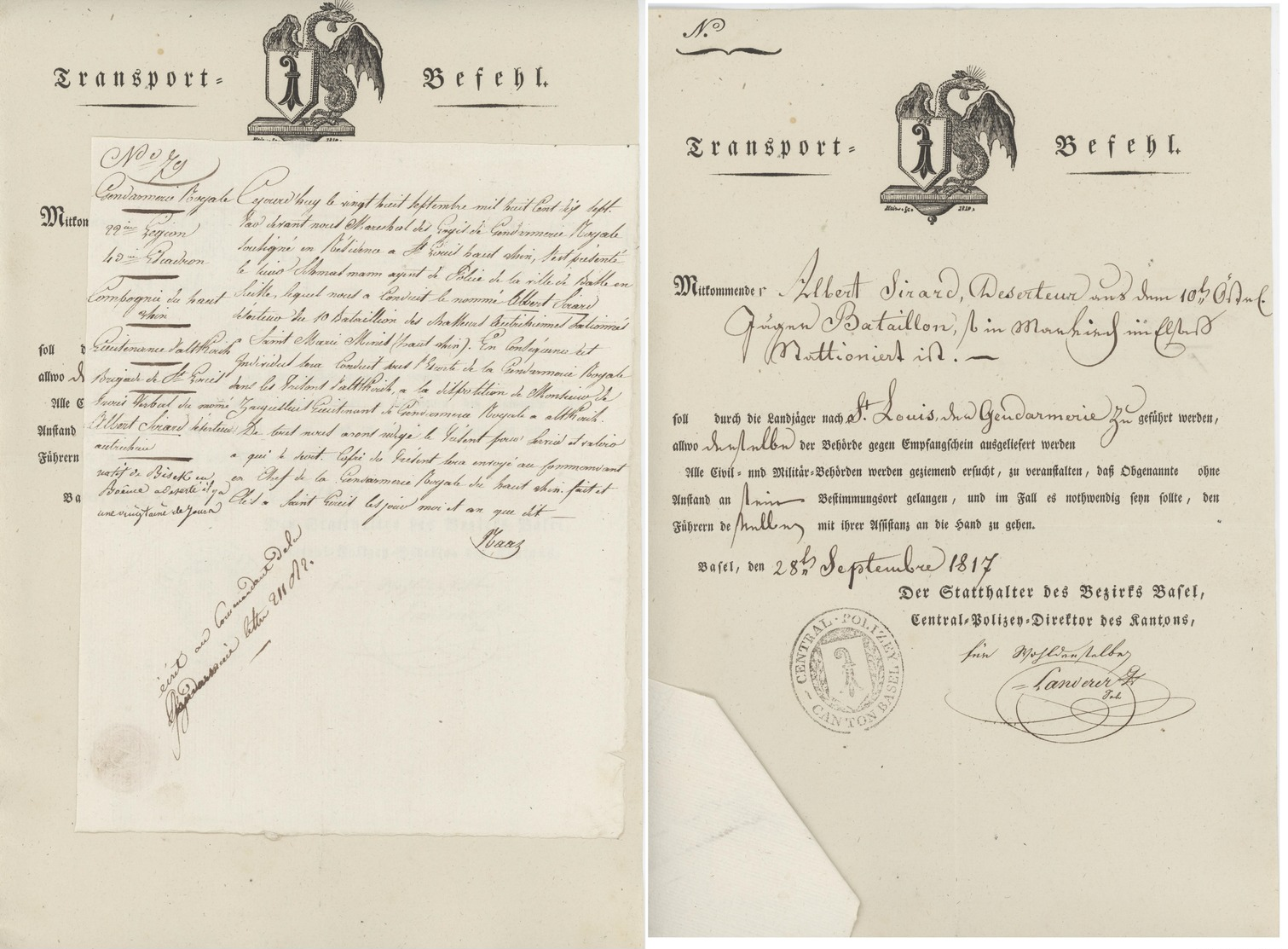 Passeport St.Louis Bâle 1817 Généalogie  Sirard Déserteur Chasseurs Autrichien Natif De Bisek En Bohême - Documenti Storici