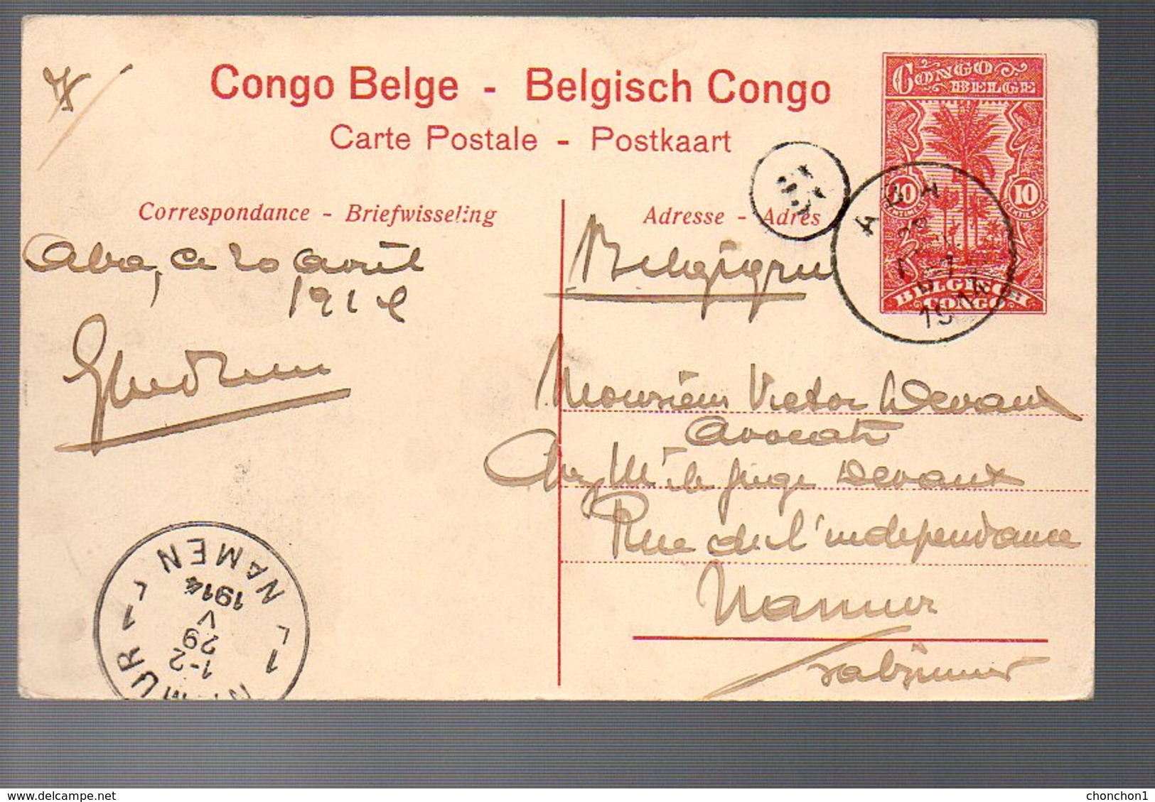 CONGO - ENTIER STIBBE 43 - VUE 70 - ABA 1914 Vers NAMUR - TTB   - PL8 - Ganzsachen