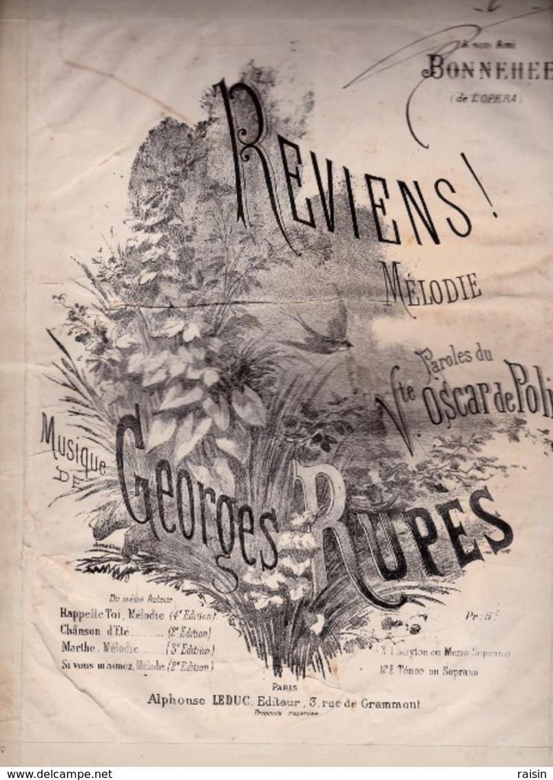 REVIENS Mélodie N°1 Musique Georges Rupès Paroles,poésie Vicomte Oscar De Poli,piano Baryton, Mezzo-soprano état Moyent - Scores & Partitions