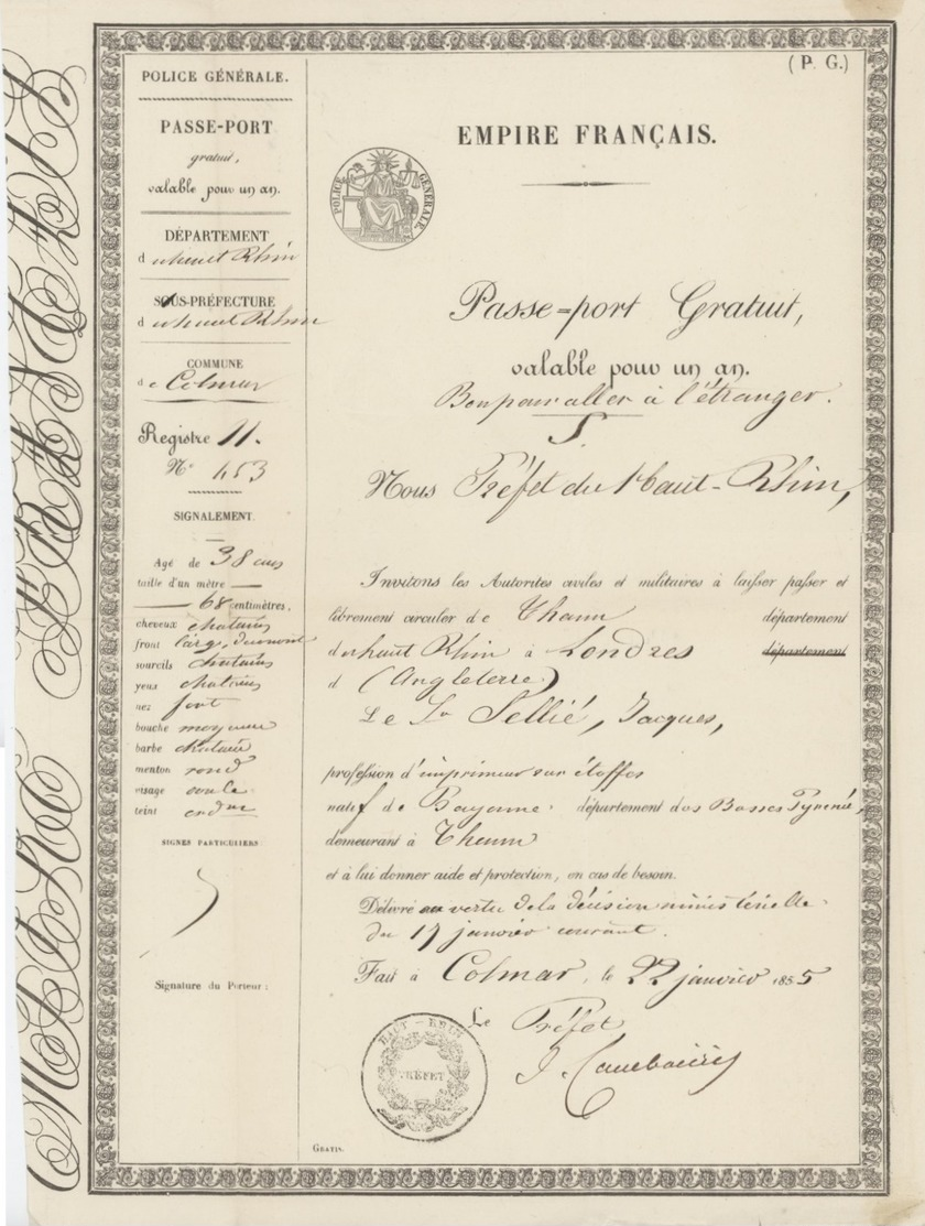 Passeport Colmar 1855 Pour Londres Généalogie Sellie - Documents Historiques