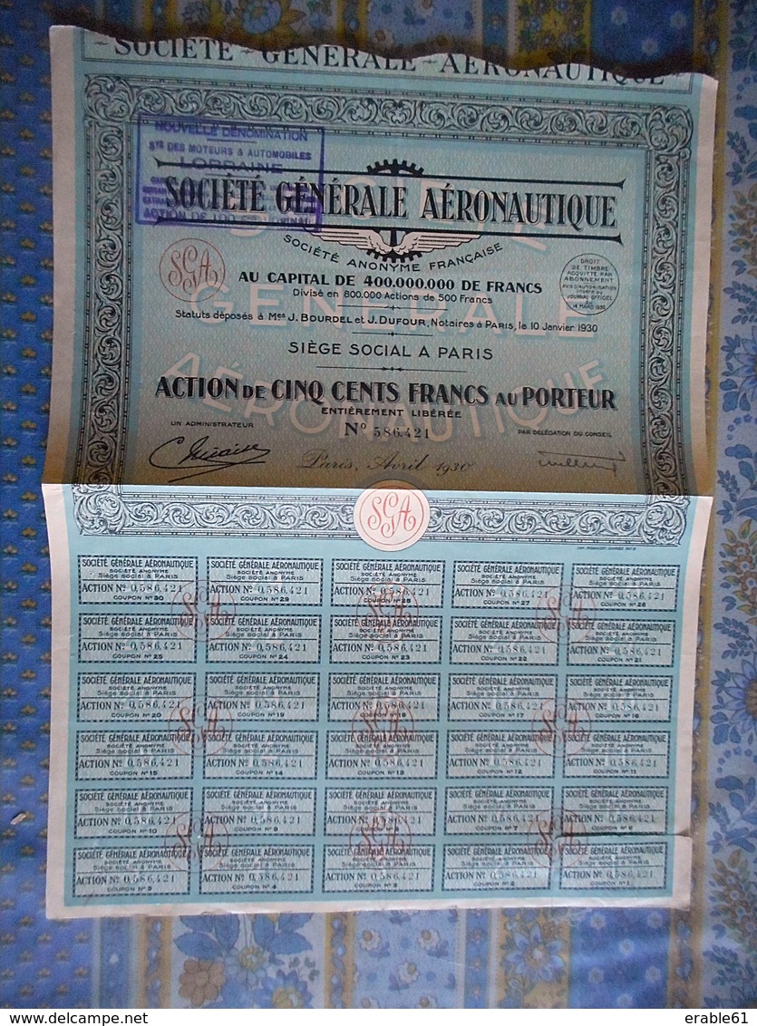 ACTION 500 FRANCS SOCIETE GENERALE AERONAUTIQUE 1930 Avec Coupons - Aviación