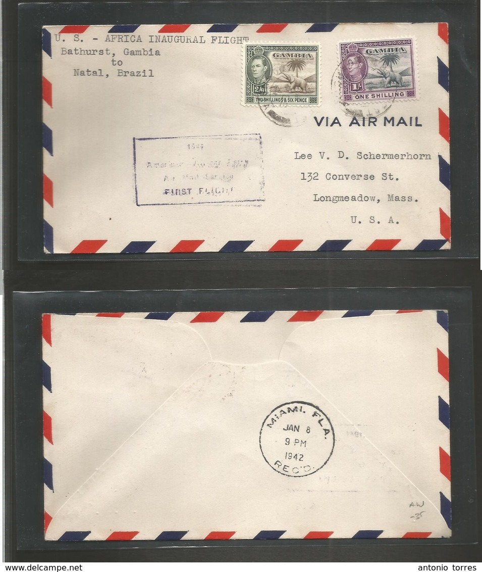 Airmails - World. 1941 (4 Dec) Gambia - USA. First Flight. Fkd Env 2/6 Sh + 1 Sh. Special Cachet. - Other & Unclassified