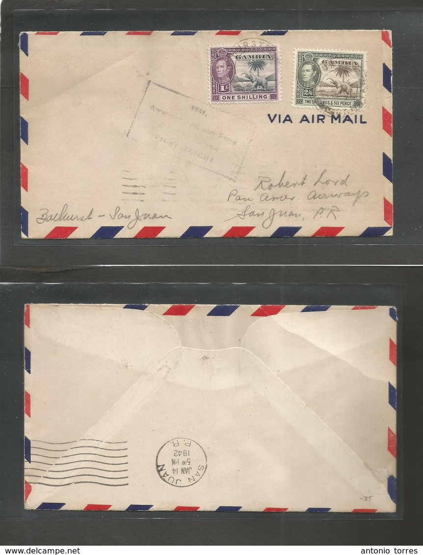 Airmails - World. 1941 (14 Dec) Gambia - USA. First Flight. Special Cachet. 2/6 Stamp + 1sh. Addressed To Porto Rico, Ca - Otros & Sin Clasificación