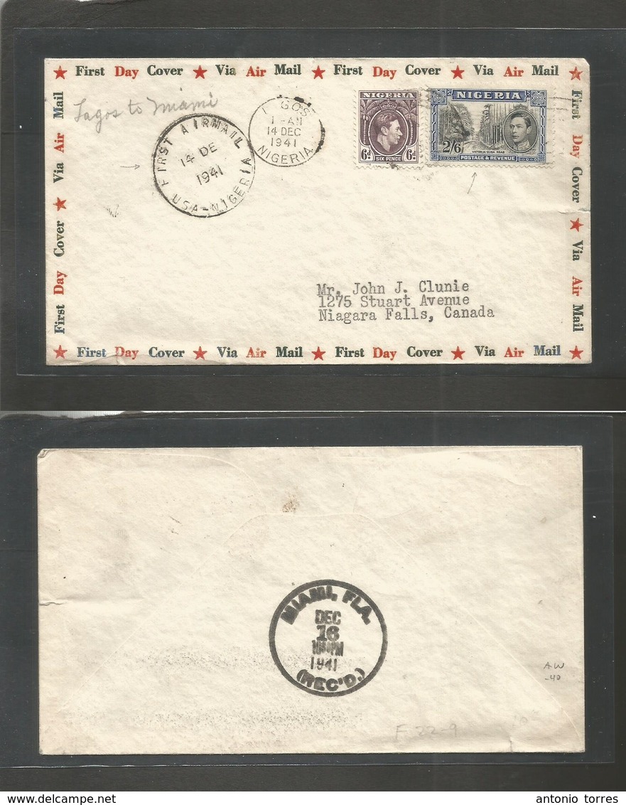 Airmails - World. 1941 (14 Dec) Nigeria - USA. 1st Flight. Special Cachet. Multifkd Envelope Incl 2sh 6d Stamp. Addresse - Other & Unclassified