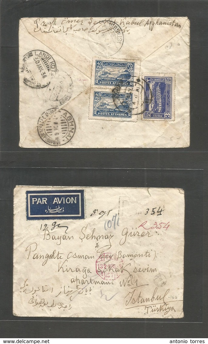 Afghanistan. 1936 (7 Jan) Kaboul - Turkey, Istambul (13 Feb) Registered Reverse Multifkd Airmail Envelope. Via Landikota - Afghanistan