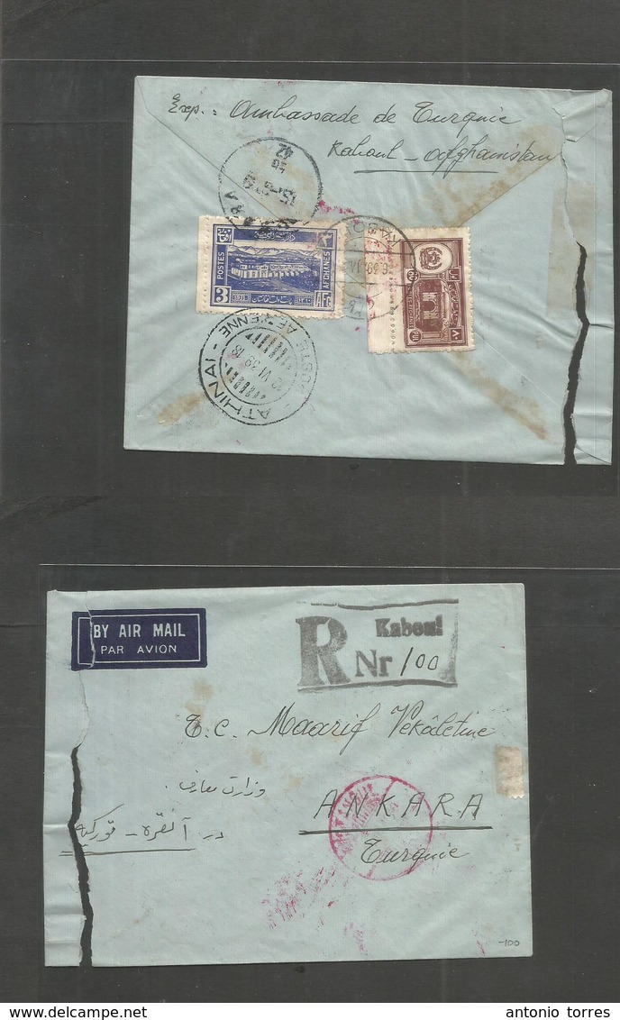 Afghanistan. 1939 (June) Kaboul - Turkey, Ankar (15 June) Reverse Multifkd Registered Envelope (roughly Opened At Right  - Afganistán