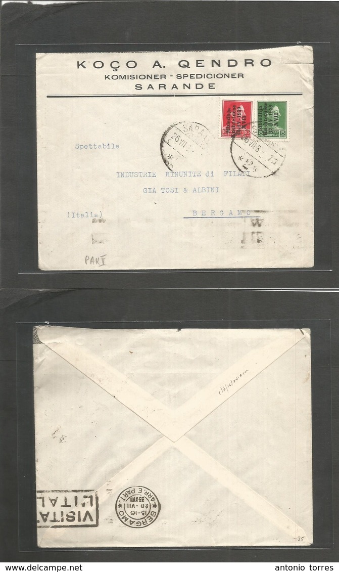 Albania. 1939 (26 July) Saraude - Italy, Bergamo (28 July) Multifkd Env. Ovptd Issue. 12-IV-1939 - Albania