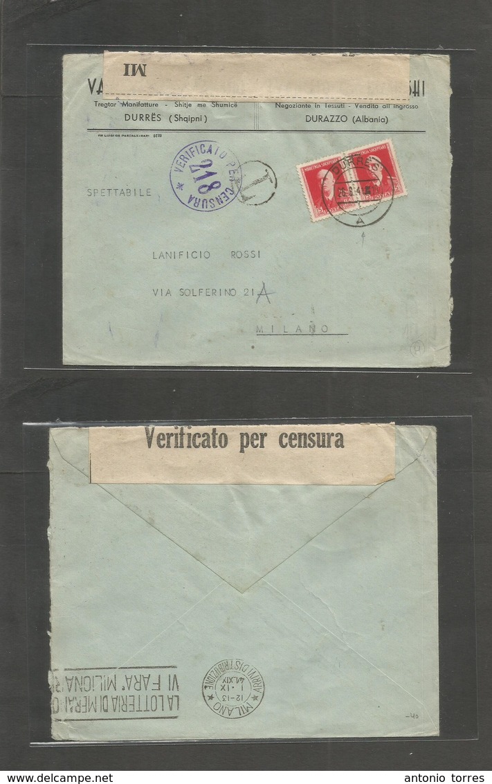 Albania. 1941 (25 Aug) WWII. Durres - Milano, Italy (1 Sept) Comercial Fkd + Italian Censored Envelope. Fine Usage. - Albanië