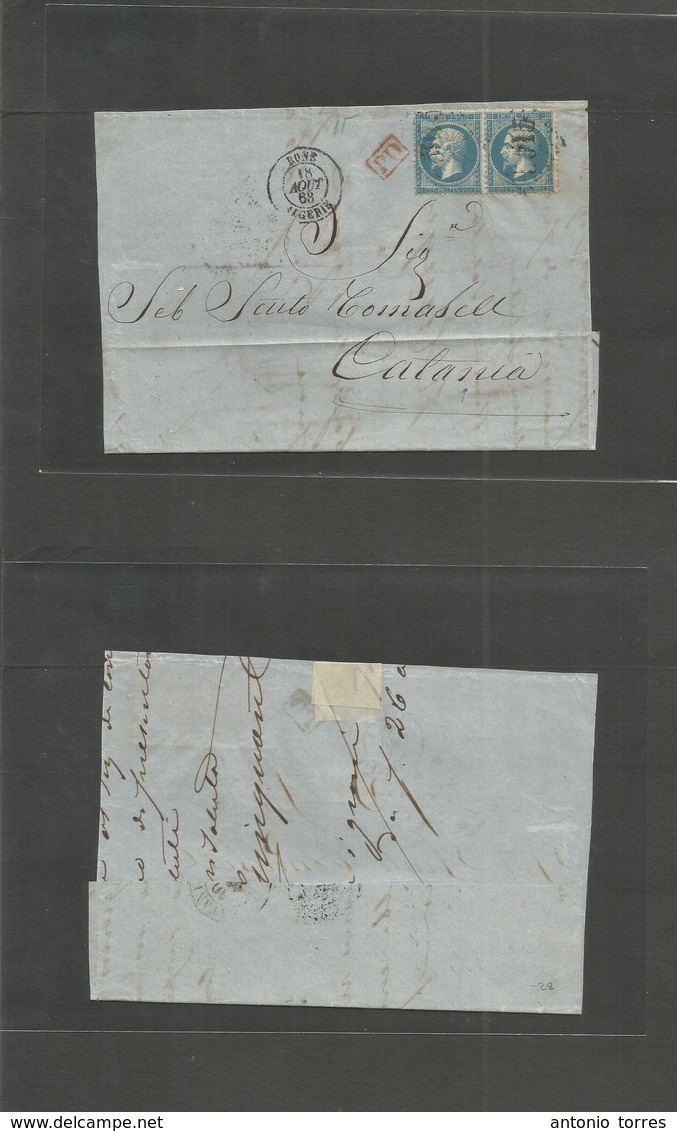 Algeria. 1868 (18 August) Bone - Catania, Italy. Fkd Front + Part Reverse 20c (x2) Tied Romboids, Cds. - Algerije (1962-...)