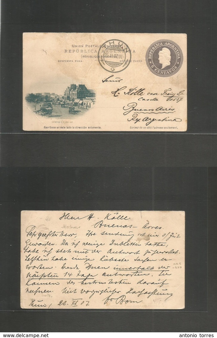 Argentina - Stationery. 1907 (22-25 Nov) Reply Half Stat Card Illustrated Estacion FFL Proper Usage. Switzerland, Thuin  - Other & Unclassified