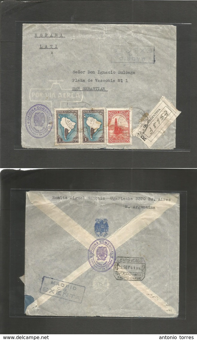 Argentina - Xx. 1941 (13 Sept) Buenos Aires - Spain, San Sebastian (19 Sept) LATI Airmail, Registered Multifkd Envelope. - Andere & Zonder Classificatie