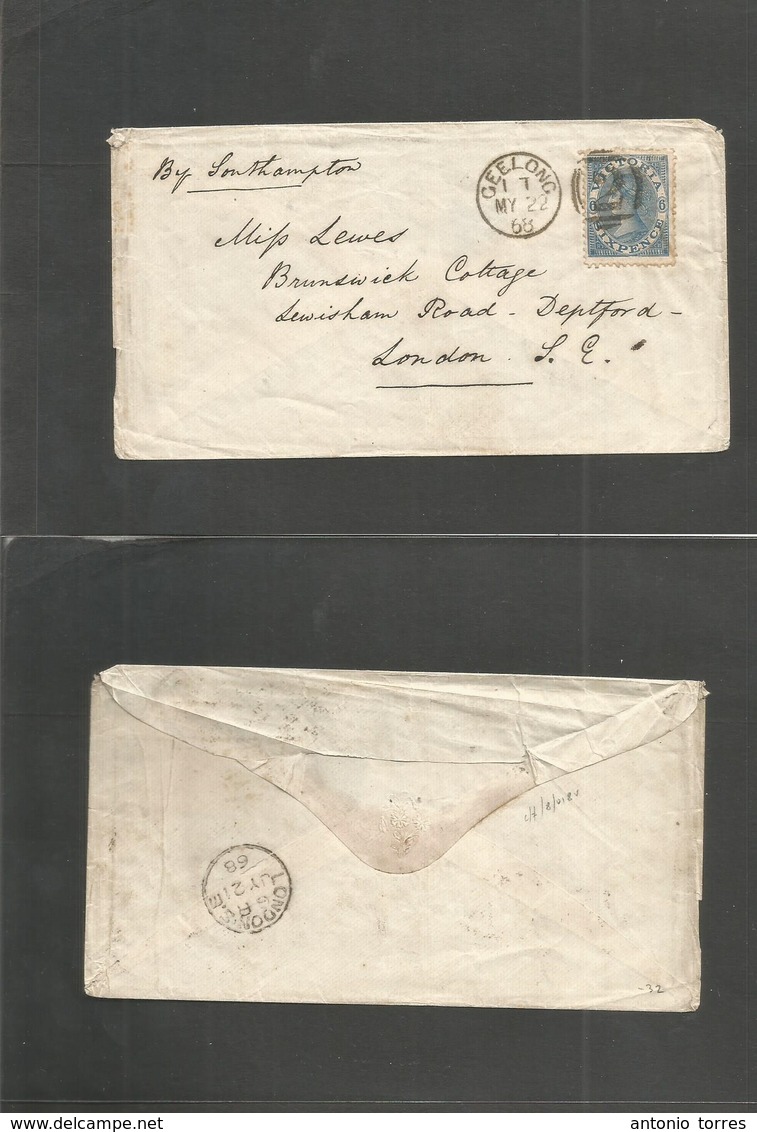 Australia. 1868 (22 May) Geelong, Via - UK, London (21 July) Via Southampton. Single 6d Blue Fkd Env. Fine. - Other & Unclassified