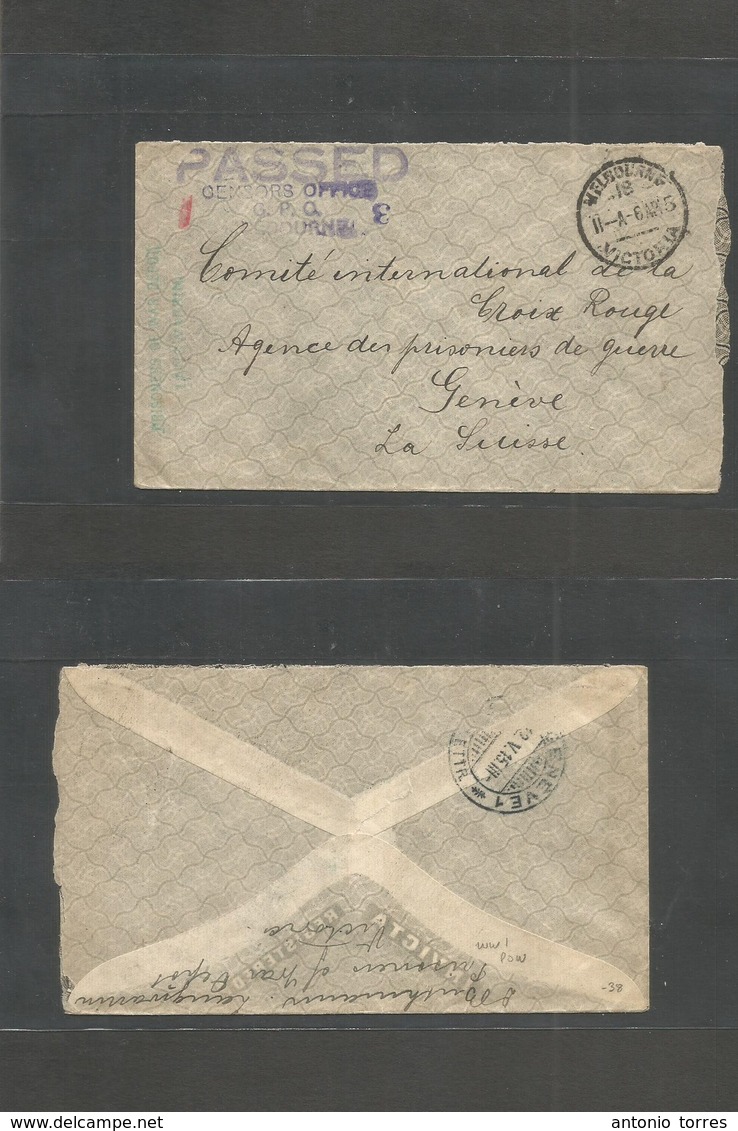 Australia. 1915 (6 April) Victoria. POW Mail. Melbourne - Switzerland, Geneve (12 May) Censor Stampless Envelope. Addres - Otros & Sin Clasificación