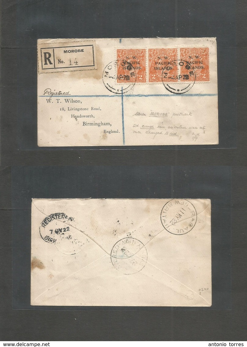 Australia - New Guinea. 1922 (4 Apr) Morobe - UK, Birmingham (7 July) Via Rabaul (11 May) Registered Multifkd Ovptd Issu - Sonstige & Ohne Zuordnung