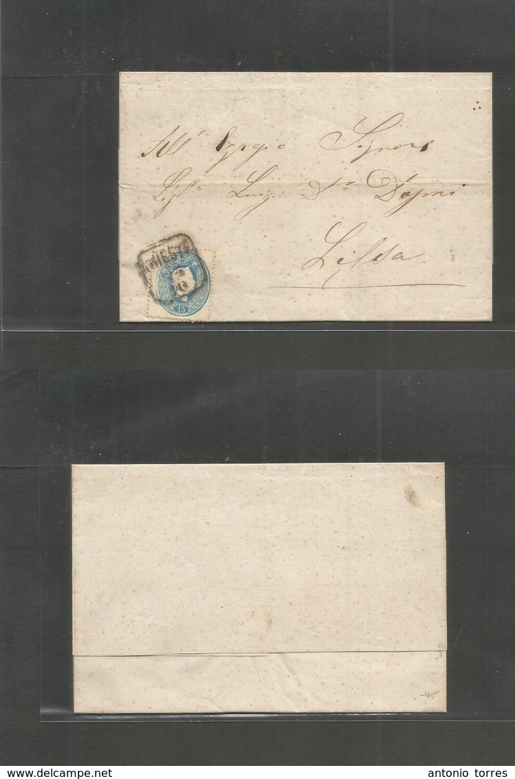 Austria. 1862 (24 Oct) Triest - Lissa. EL Full Text Fkd 15 Kr Light Blue Perf 14-15, Tied Box Name Cds. Fine. - Andere & Zonder Classificatie