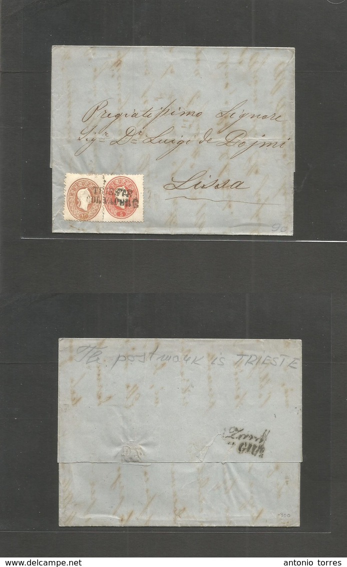 Austria. 1863 (13 June) Triest - Lissa, Via Zara. EL Fkd 5 Kr + 10 Kr Perf 15, Cancelled "Trieste / Col. Vapore" (xxx) V - Other & Unclassified