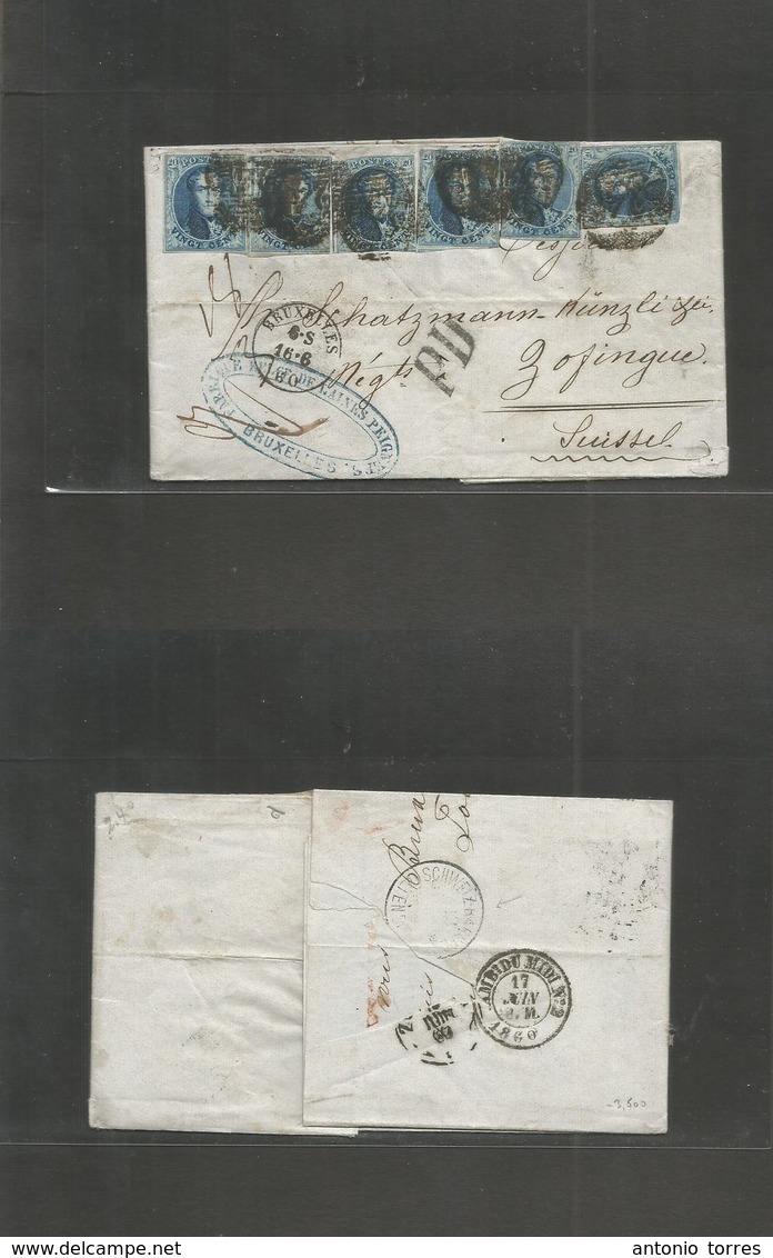 Belgium. 1860 (16 June) Bruxelles - Switzerland, Zofingue (18 June) EL Full Text Fkd 20c Blue (x6) Tied Grills. PD + Tra - Andere & Zonder Classificatie