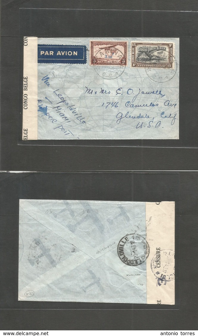 Belgian Congo. 1943 (11 Jan) Kaminah - USA, Glendate, CA. Air Multifkd Env + Depart Censor, Tied. Via Leopoldville - Mia - Sonstige & Ohne Zuordnung