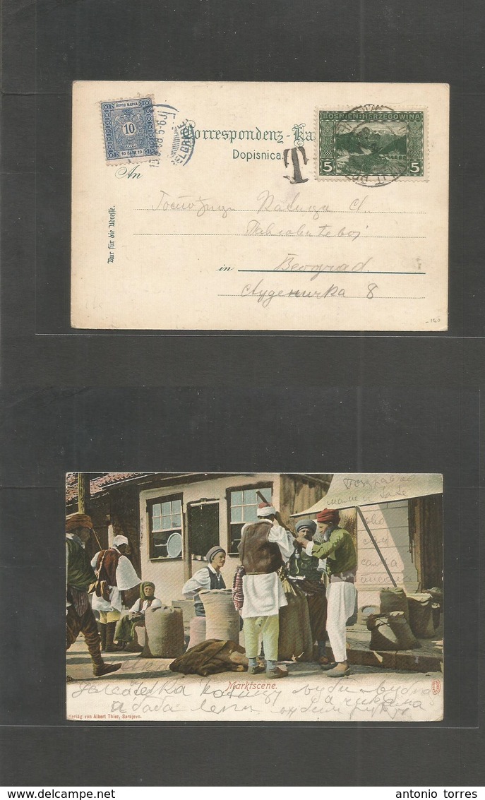 Bosnia. 1908 (Sept) Marketplace Ppc. Mil Cachet. Fkd Card + Taxed + Serbian / Belgrade Postage Due 10d Blue Tied Cds (15 - Bosnien-Herzegowina