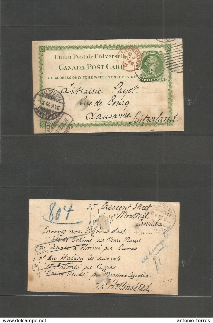 Canada. 1895 (18 May) Montreal - Switzerland, Laussane (30 May) 2 Cents Green Early Stat Card. Via London. Fine Used. - Andere & Zonder Classificatie