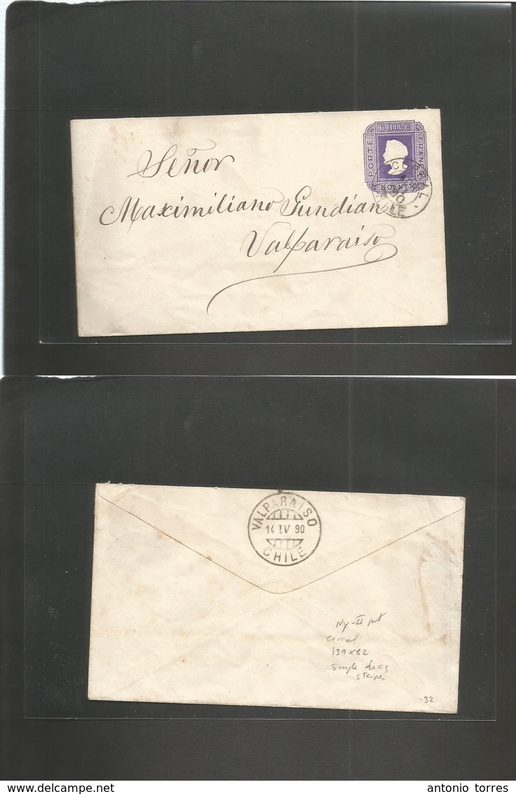 Chile - Stationery. 1890 (11 April) Corral - Valp (14 April) 5c Lilac Stat Env On Triple Lines Ivory Paper, NY II Pirnt  - Chili