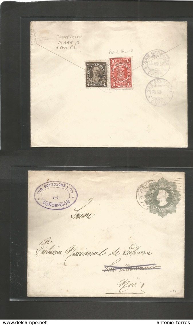 Chile - Stationery. 1913 (14 Abr) Concepcion - San Bernardo (15 April) 5c Grey Stat Env + Reverse 2 Adtl Incl 1c Orange  - Chili