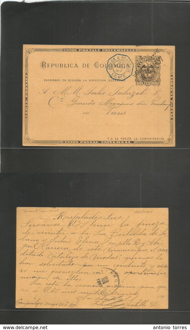 Colombia. 1897 (31 Mayo) Campoalegre - France, Paris. 2c Black Stat Card, Manuscript Cancel "FERROCARRIL" (TPO) + Octogo - Colombia
