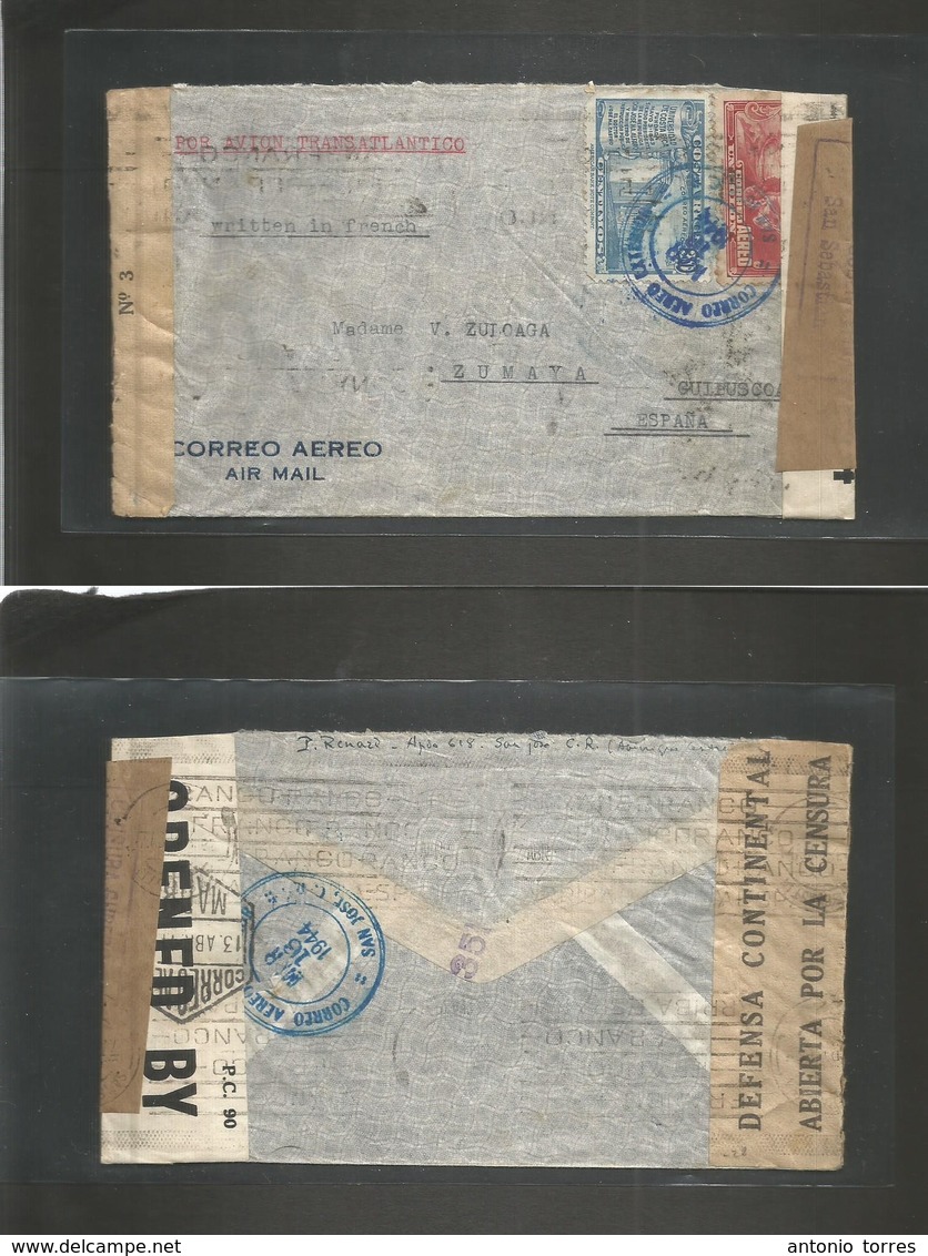Costa Rica. 1944 (18 March) San Jose - Spain, Zumaya, Guipuzcoa (13 Abril) Air Atlantic Multifkd Envelope. Multifkd Env, - Costa Rica