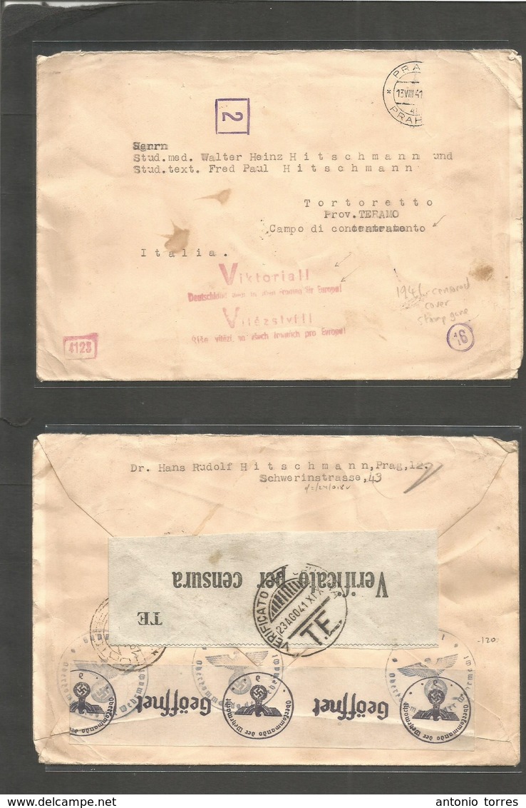 Czechoslovakia. 1941 (13 Aug) Praha - Italy, Tortoretto, Concentration Camp. Fkd Env + Stamp Erased For Censor Underneat - Andere & Zonder Classificatie