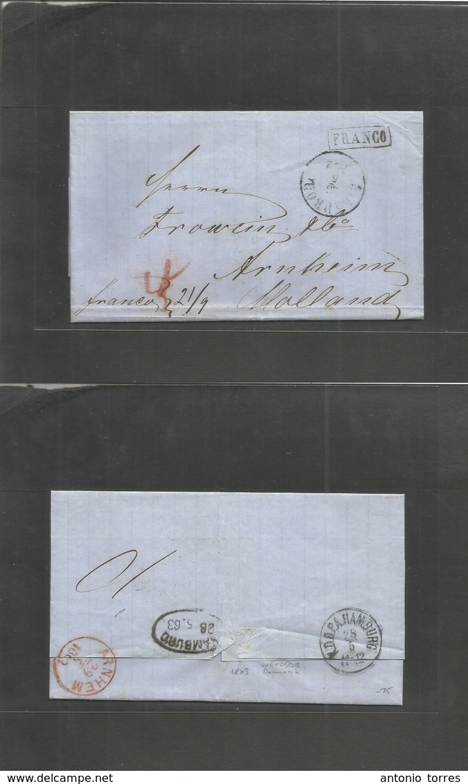 Denmark. 1863 (26 March) Svendburg - Netherlands, Arnhem (29 March) Cash Paid "Franco" Depart E. Reverse Transited Via H - Sonstige & Ohne Zuordnung