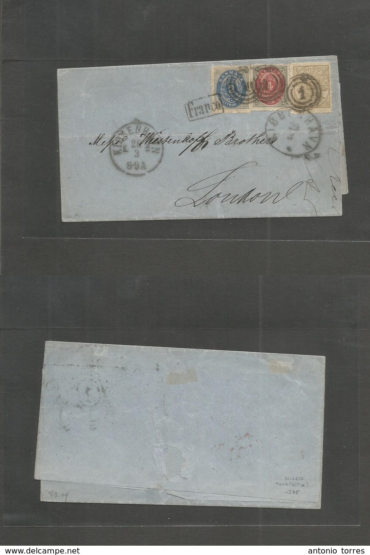 Denmark. 1871 (28 March) CPH - UK, London. E Fkd 8 Sk Beige Perf 12 1/2 + 2sk + 4 Sk Bicolors "1" Rings Tied, Franco. Sc - Other & Unclassified