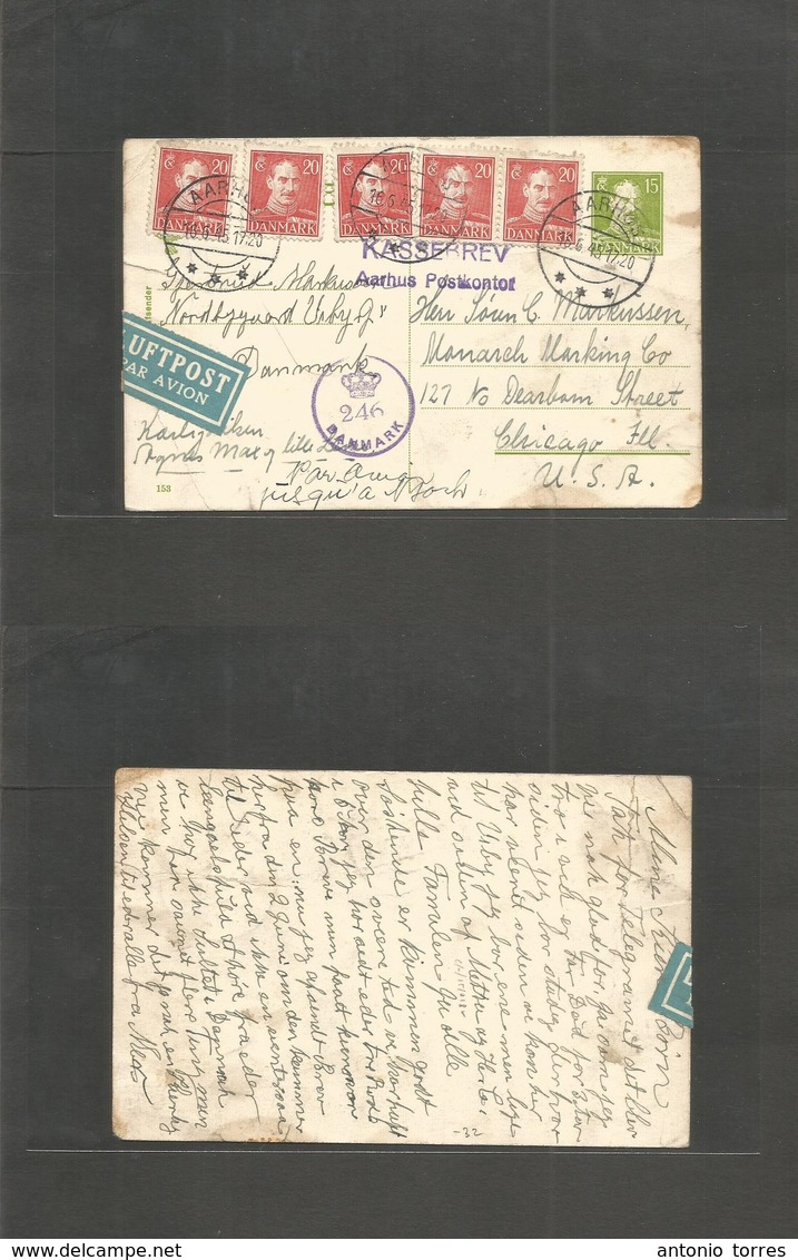 Denmark. 1945 (16 June) Aarhus - USA, Chicago, Ill. 15o Green Stat Card + 5 Adtls + Doble Lines "Kassebrev / Aarhus Post - Andere & Zonder Classificatie